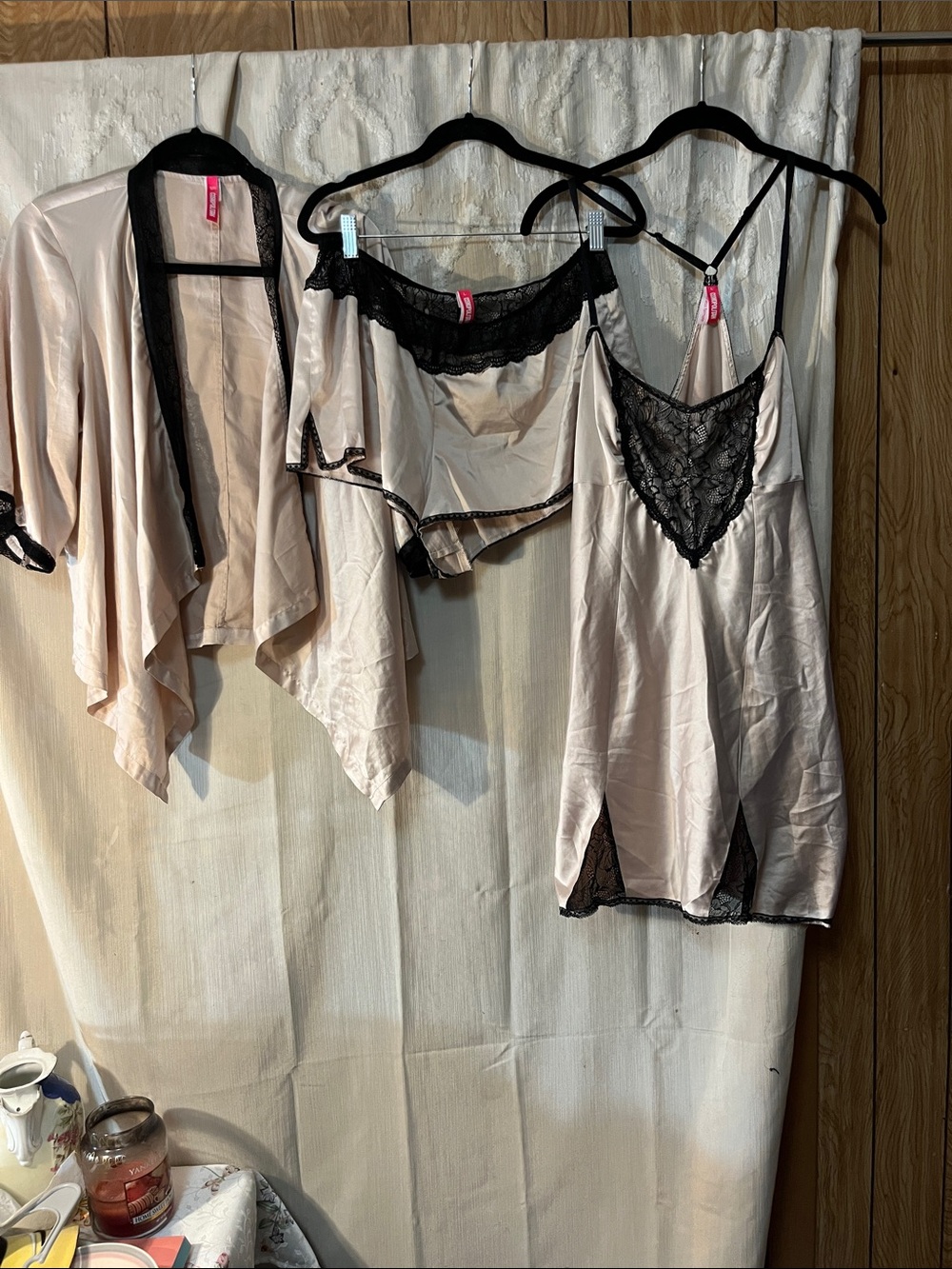 Satin Lace Trim Sleepwear Set - gold